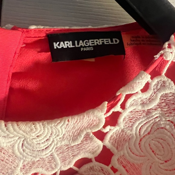 Karl Lagerfeld Crochet Lace Overlay Coral Fit Flare Wedding Guest Dress NICE! - Picture 3 of 11